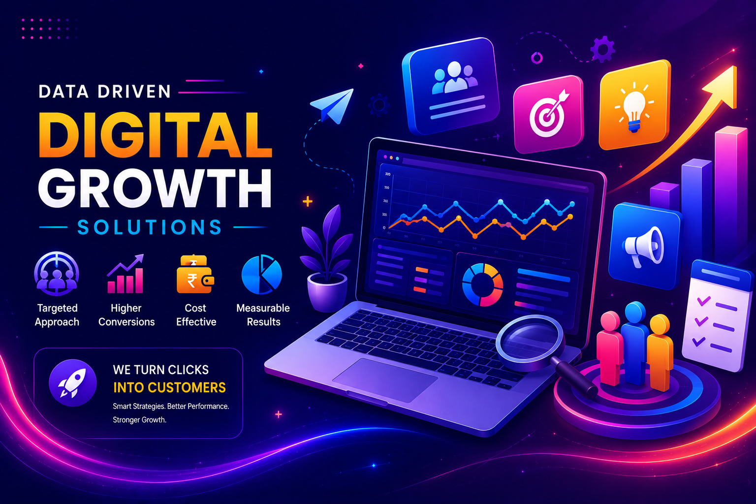 Digital growth solutions with marketing analytics, audience targeting, and business performance dashboard