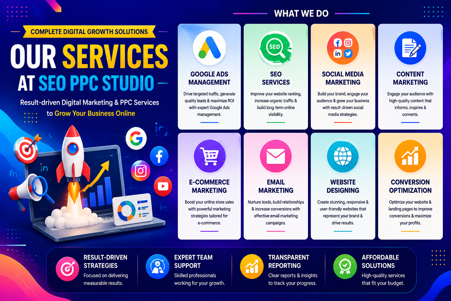 Digital marketing services illustration with SEO, PPC, social media, and online business growth icons